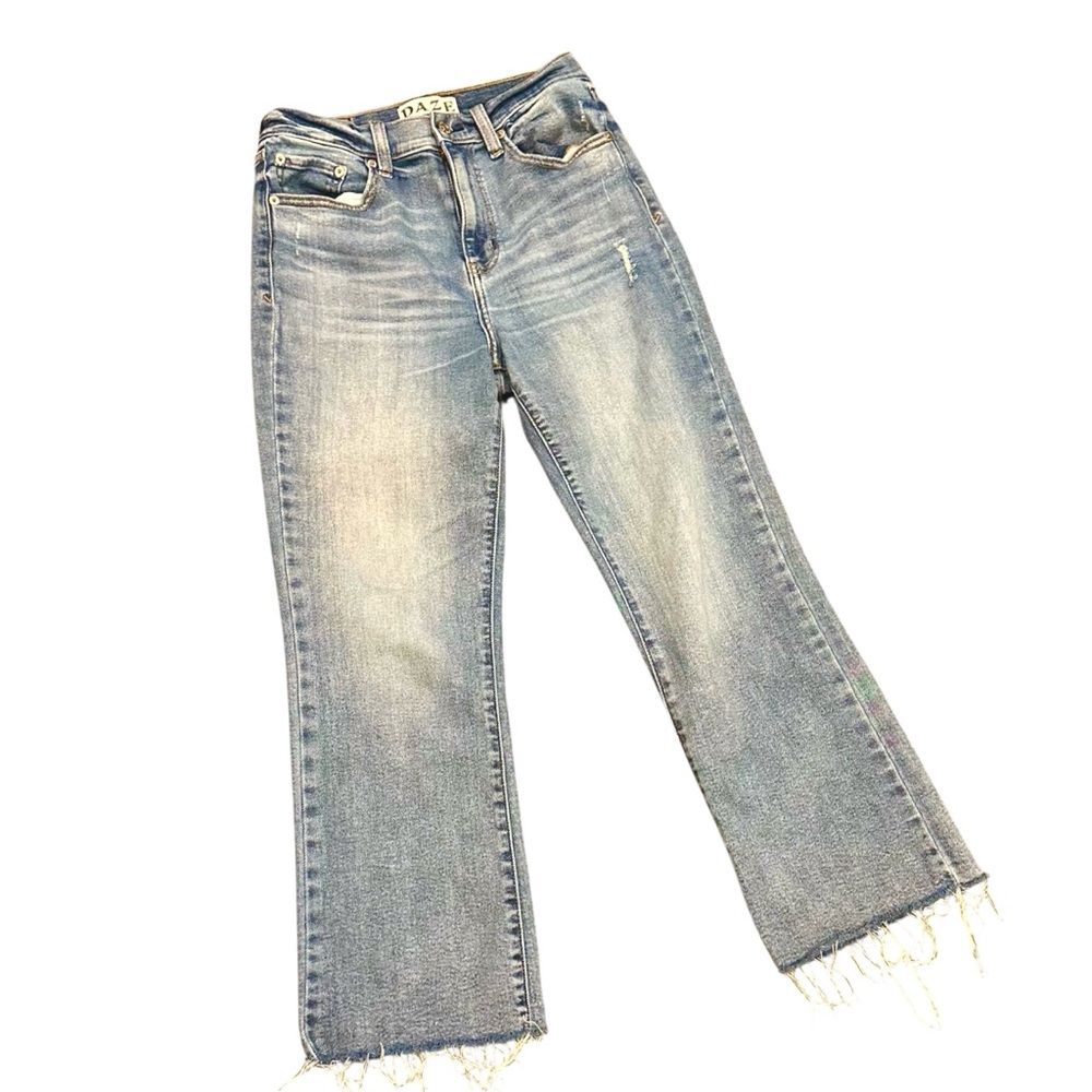 Daze Medium Blue Flare Wide Leg Jeans with Raw Hem Finish